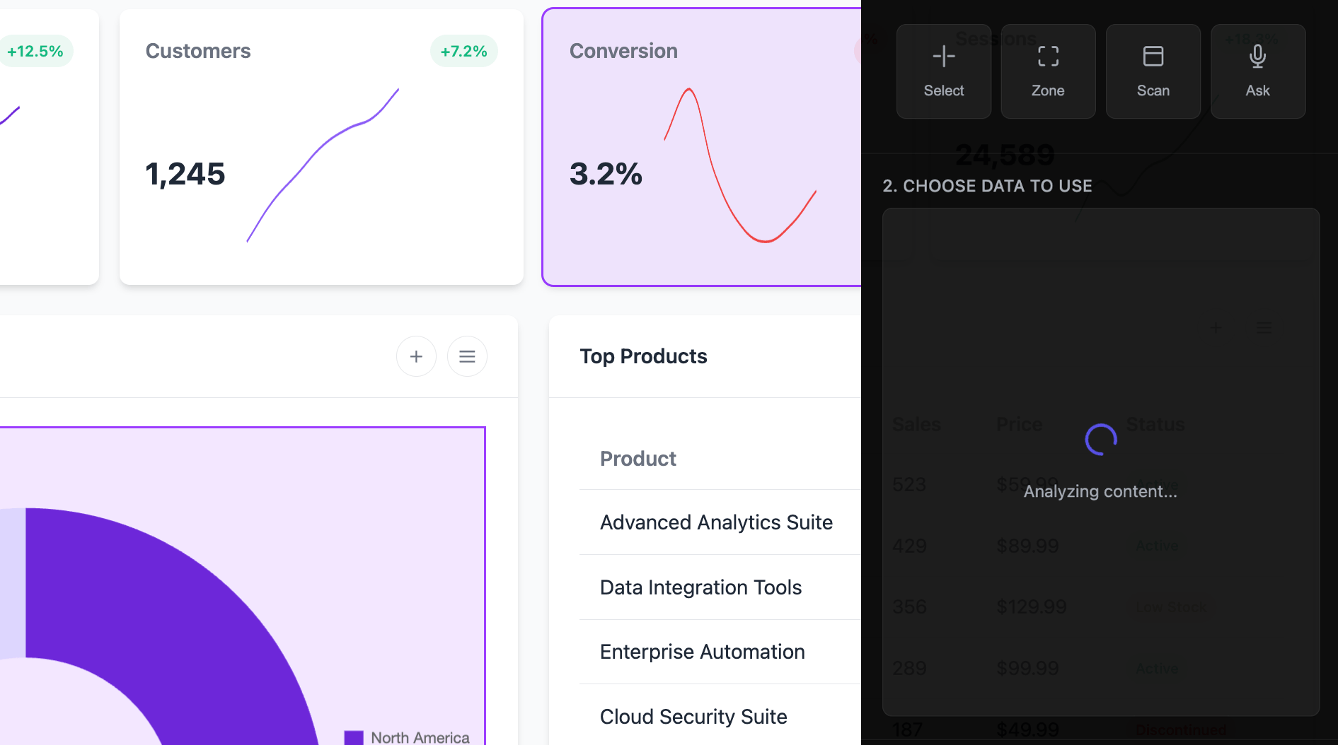 Dashboard with data selection